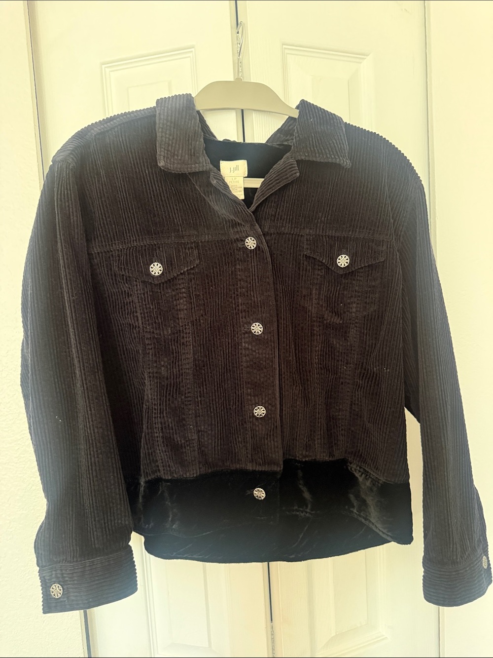 J. Jill Black Corduroy Button-Front Jacket With Velvet Trim